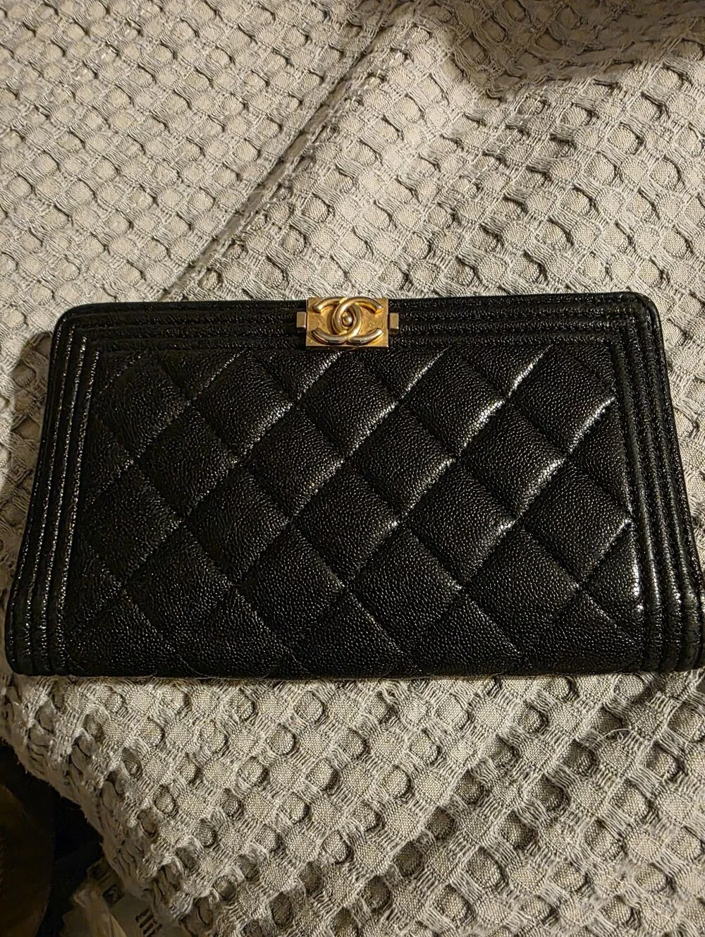 CHANEL Black Quilted Caviar Leather Wallet with Gold CC Hardware